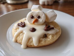 A close-up of a single melted snowman cookies featuring a melting marshmallow head, white icing, and chocolate chip details on a white plate.