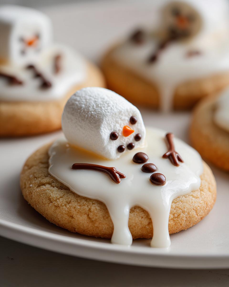 A close-up of one of the melted snowman cookies, featuring a marshmallow head melting into white icing on a sugar cookie base.