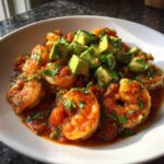 Close-up of vibrant mexican shrimp cocktail in a rich sauce, topped with diced avocado and cilantro.