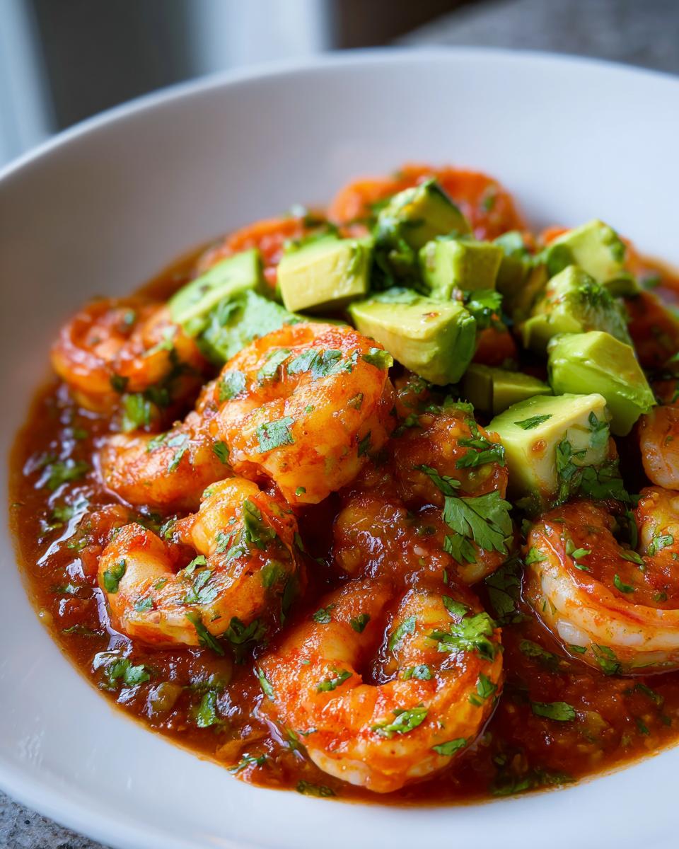 Close-up of vibrant mexican shrimp cocktail in a rich tomato sauce, topped with diced avocado and cilantro.