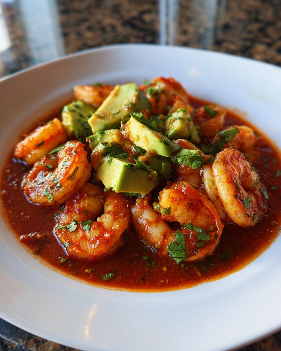 Close-up of Mexican shrimp cocktail featuring plump shrimp in rich red sauce, topped with diced avocado and cilantro.