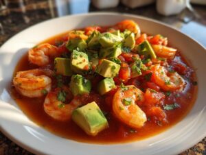 Close-up of a bowl of Mexican shrimp cocktail featuring plump shrimp in a rich tomato sauce, topped with diced avocado and cilantro.