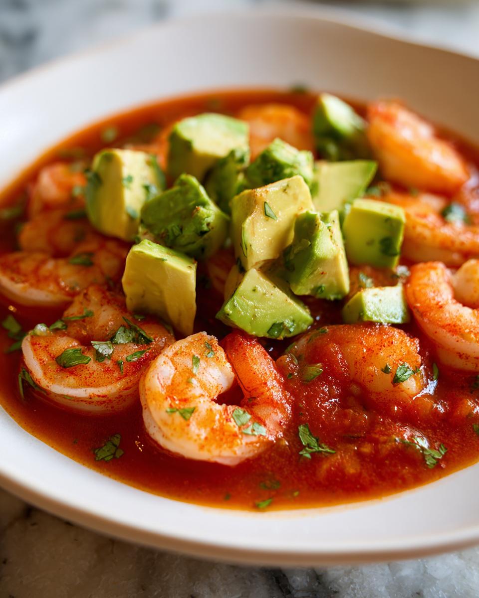 Close-up of Mexican shrimp cocktail featuring plump shrimp in a rich red sauce, topped with diced avocado and cilantro.