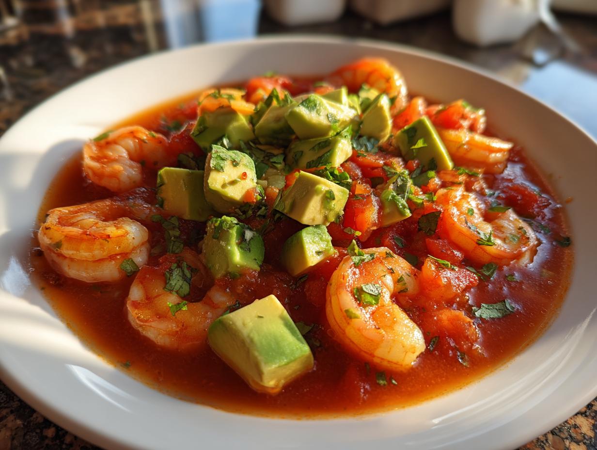 Close-up of a bowl of Mexican shrimp cocktail featuring plump shrimp in a rich tomato sauce, topped with diced avocado and cilantro.