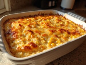 A close-up of a freshly baked mexican street corn dip with a bubbly, golden-brown cheese topping in a white baking dish.