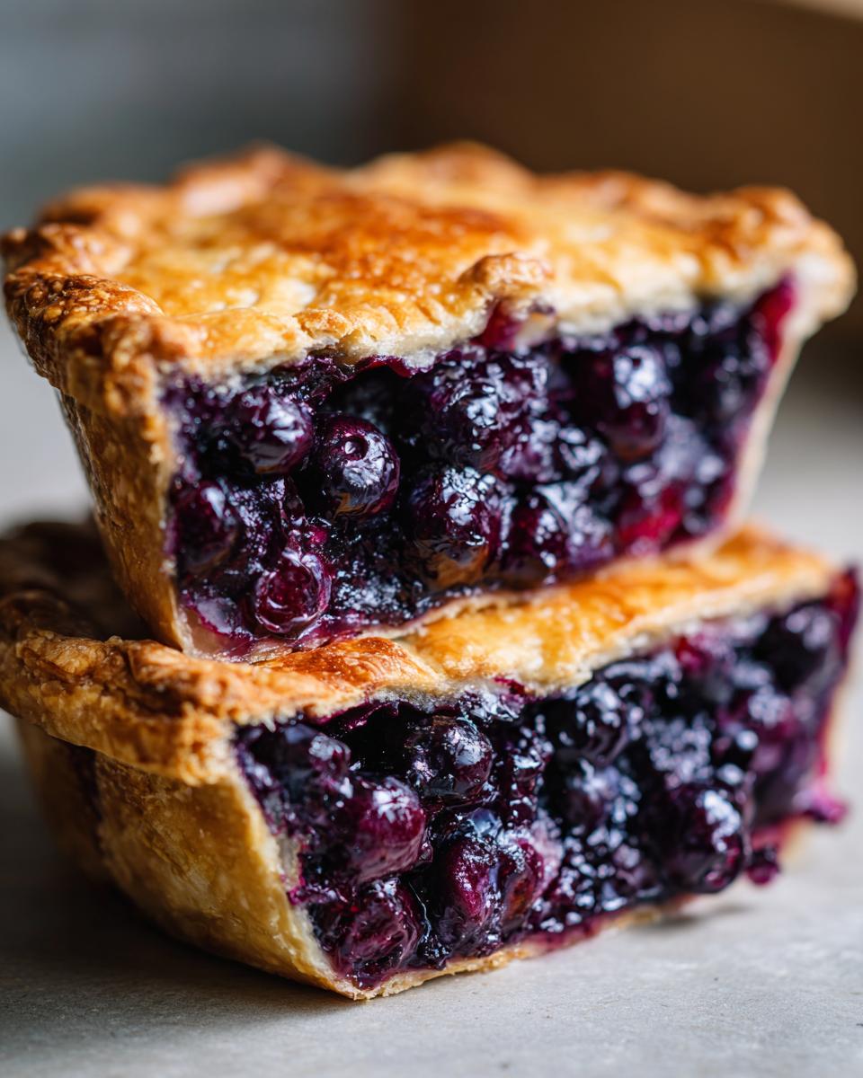 Close-up of two stacked mini pies cut in half, revealing a rich, juicy filling from the blueberry pie recipe.
