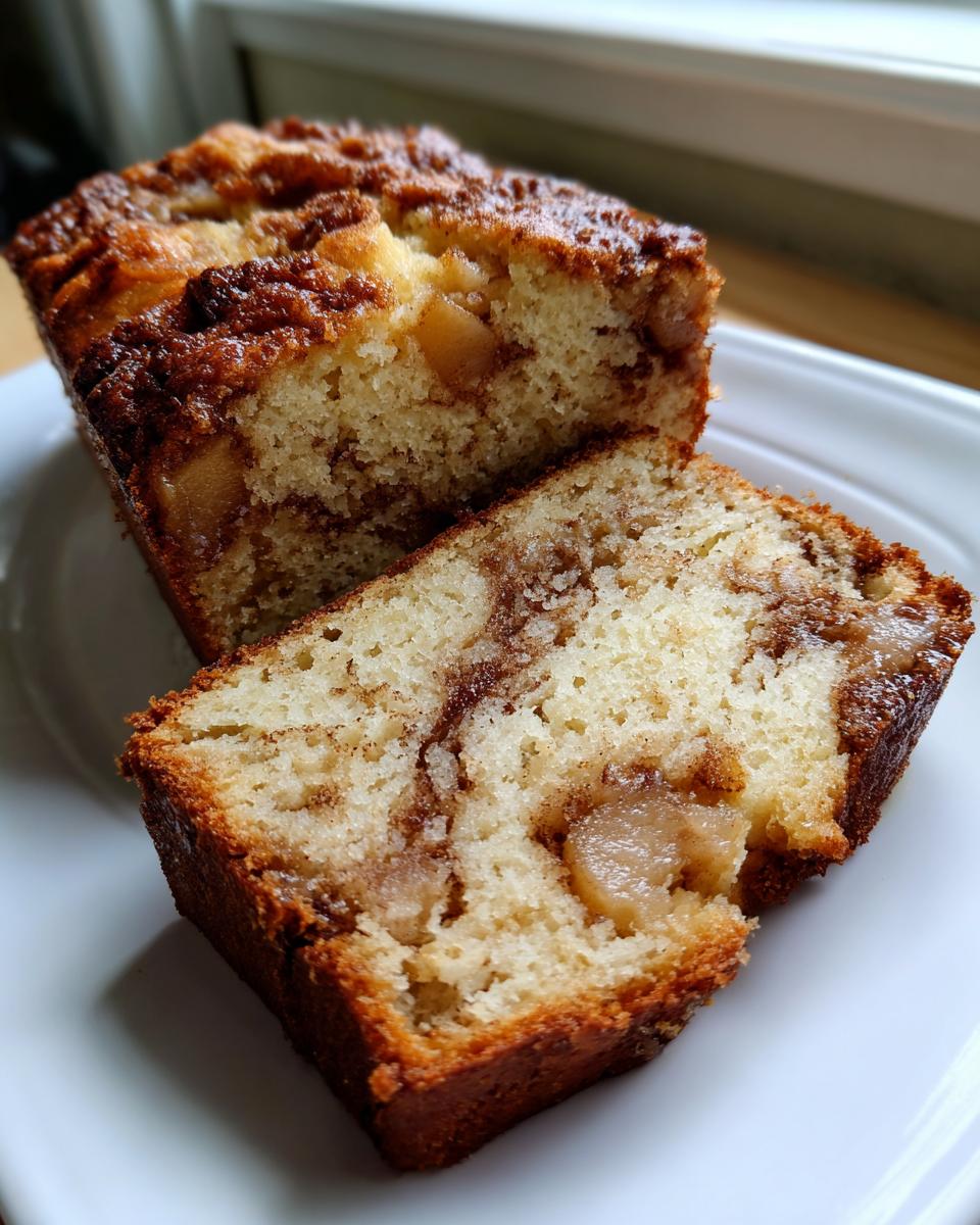 A close-up of a sliced loaf of moist apple bread showing cinnamon swirls and chunks of baked apple.