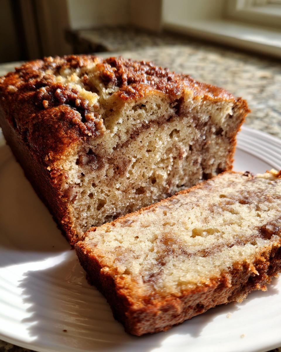 A close-up of a freshly baked apple bread loaf, sliced to show the moist interior and cinnamon swirl.
