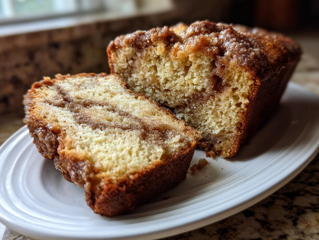 Close-up of a sliced apple bread loaf showing a moist crumb and cinnamon swirl filling.