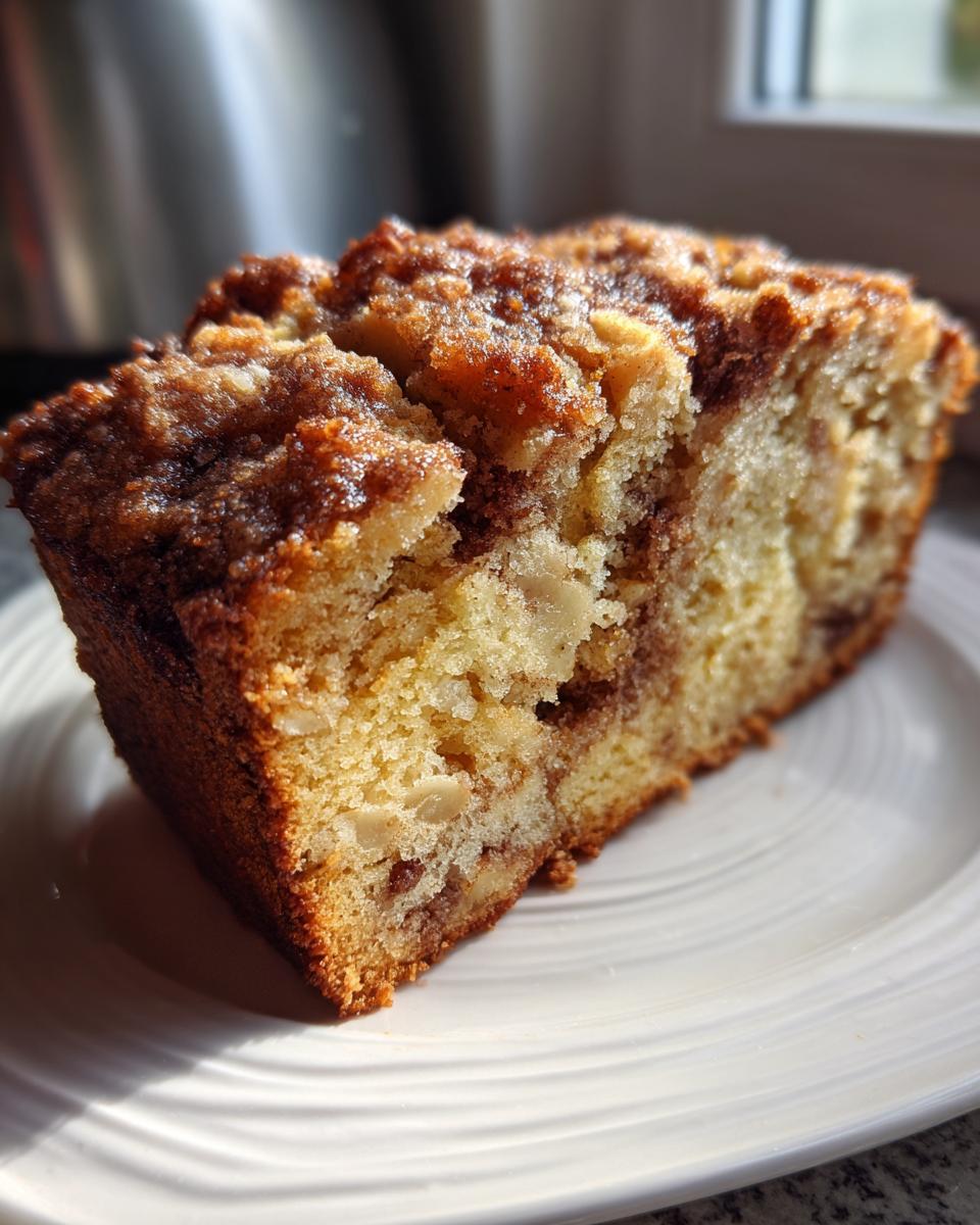 A close-up slice of moist apple bread featuring visible apple chunks and a rich cinnamon streusel topping.
