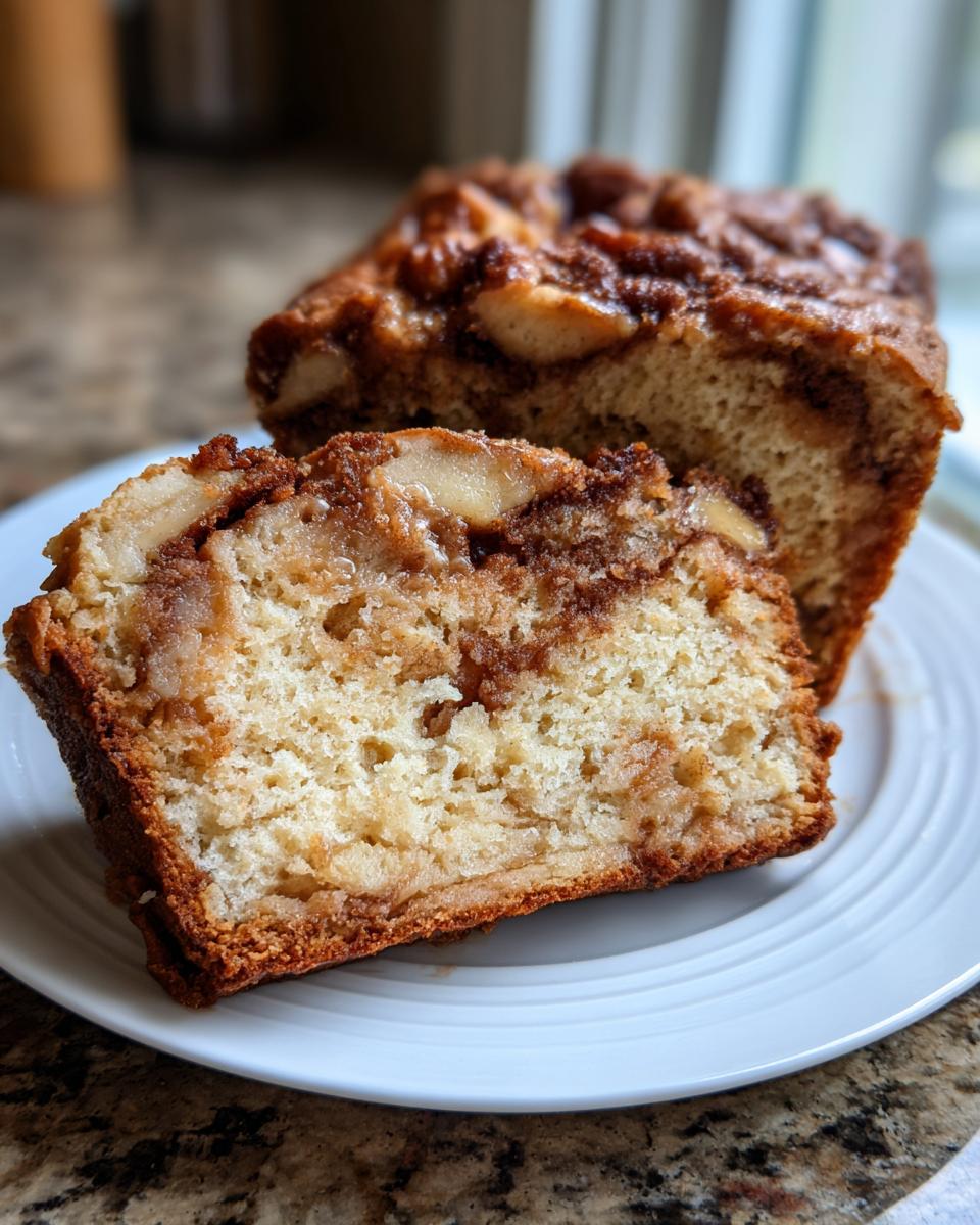 Close-up of a moist slice of apple bread showing tender crumb and cinnamon-apple filling.