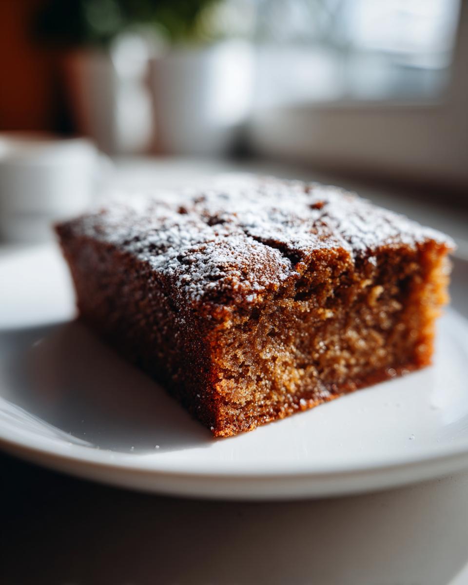 A close-up of a moist slice of applesauce cake dusted with powdered sugar, sitting on a white plate.