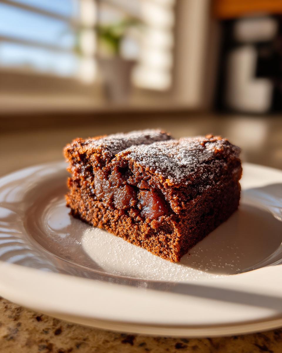 A square slice of dark, moist applesauce cake dusted with powdered sugar, sitting on a white plate.