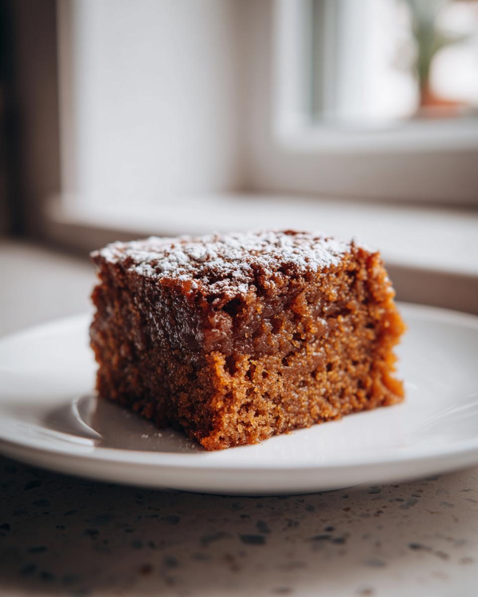A square slice of moist, dark brown applesauce cake dusted with powdered sugar on a white plate.
