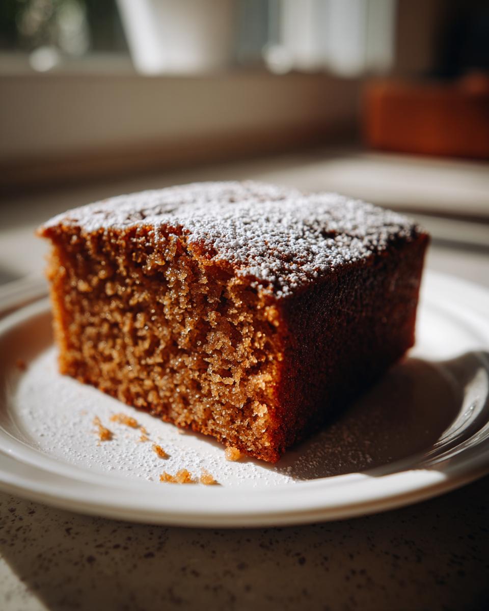 Close-up of a square slice of moist applesauce cake dusted with powdered sugar on a white plate.