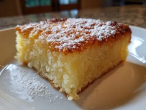 Close-up of a moist slice of applesauce cake dusted with powdered sugar, served on a white plate.