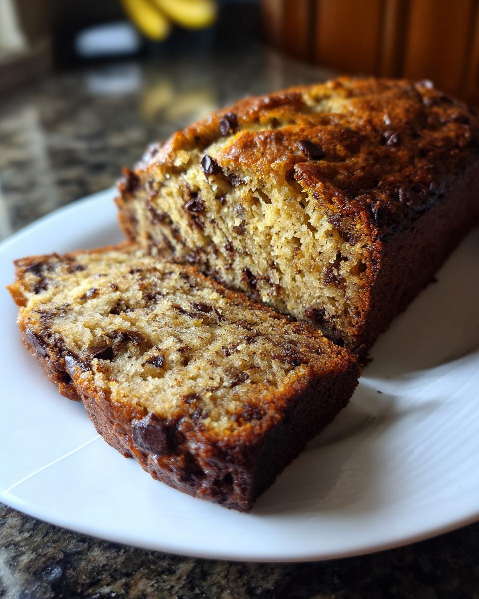 Close-up of moist chocolate chip banana bread recipe loaf with two slices cut, resting on a white plate.