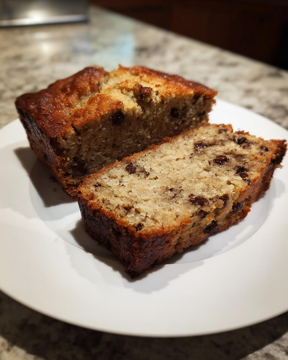 Two slices of moist banana bread recipe with visible chocolate chips resting on a white plate.