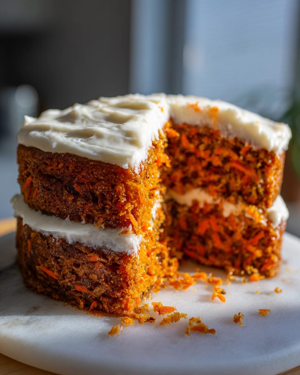 A two-layer moist carrot cake recipe with thick cream cheese frosting, showing a slice removed.