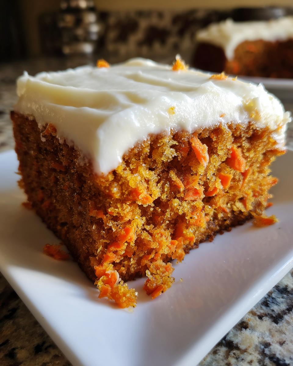 Close-up of a moist slice of carrot cake recipe, showing visible shredded carrots and thick cream cheese frosting.