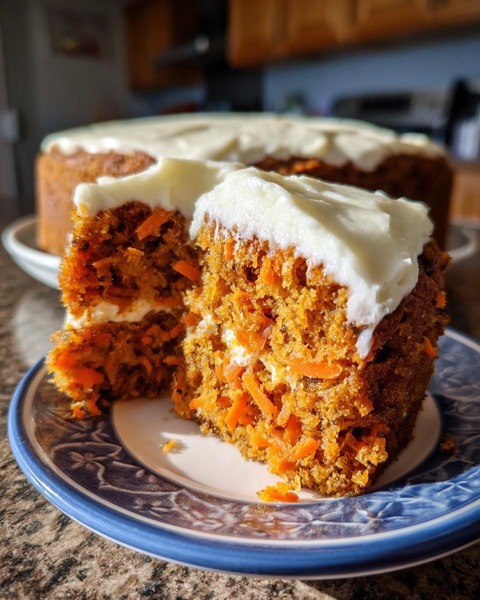 Close-up of a moist slice of carrot cake recipe showing shredded carrots and thick cream cheese frosting.