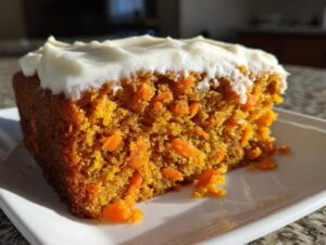 Close-up of a moist slice of carrot cake recipe showing visible shredded carrots and thick cream cheese frosting.