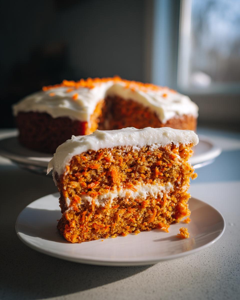 A close-up slice of moist carrot cake recipe with visible shredded carrots and thick cream cheese frosting.