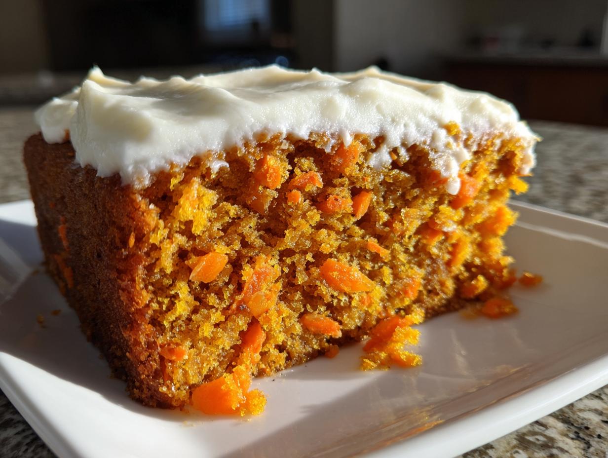 Close-up of a moist slice of carrot cake recipe showing visible shredded carrots and thick cream cheese frosting.