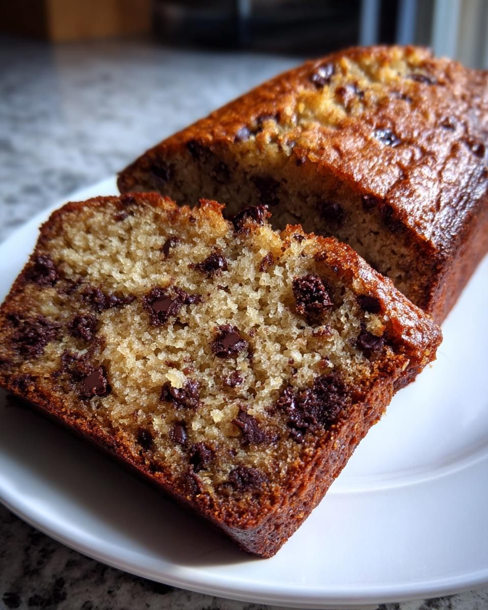 Close-up of a moist slice of chocolate chip banana bread recipe next to the loaf.