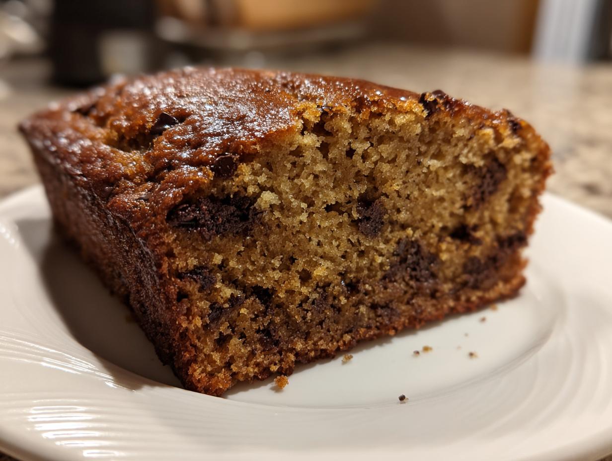 Close-up of a moist slice of chocolate chip banana bread recipe on a white plate.