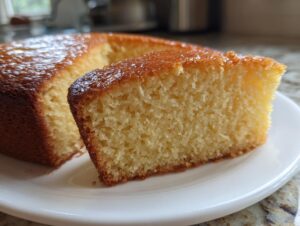 Close-up of a moist slice of golden condensed milk cake showing its soft, yellow crumb texture.