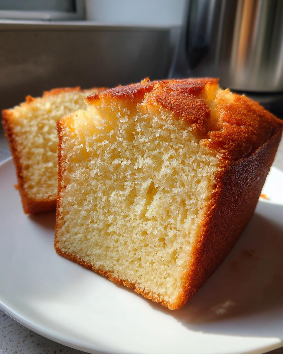 Two slices of golden, moist condensed milk cake resting on a white plate, showing a tender crumb.