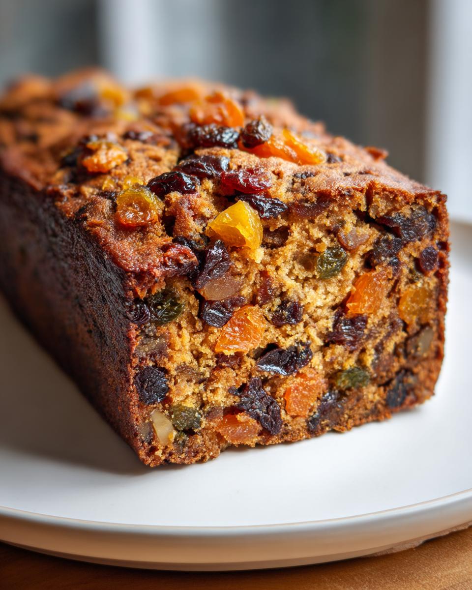 Close-up of a freshly baked, moist fruit cake recipe loaf loaded with dried apricots and raisins.