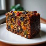 Close-up of a moist slice of fruit cake recipe, rich brown in color and studded with colorful candied fruits and nuts.