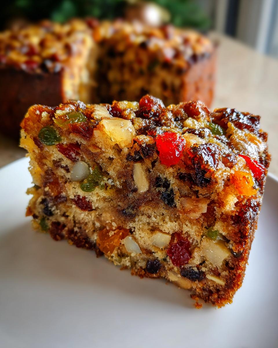 Close-up of a moist slice of fruit cake recipe packed with candied fruit and nuts, sitting on a white plate.