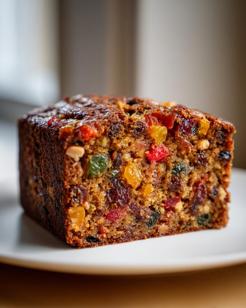 Close-up of a dense, moist slice of fruit cake recipe packed with colorful candied fruits and nuts.