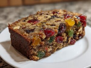Close-up of a moist slice of fruit cake recipe packed with candied fruits and nuts on a white plate.