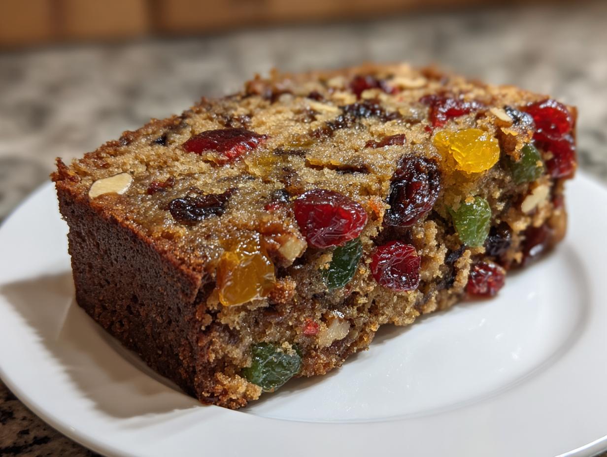 Close-up of a moist slice of fruit cake recipe packed with candied fruits and nuts on a white plate.