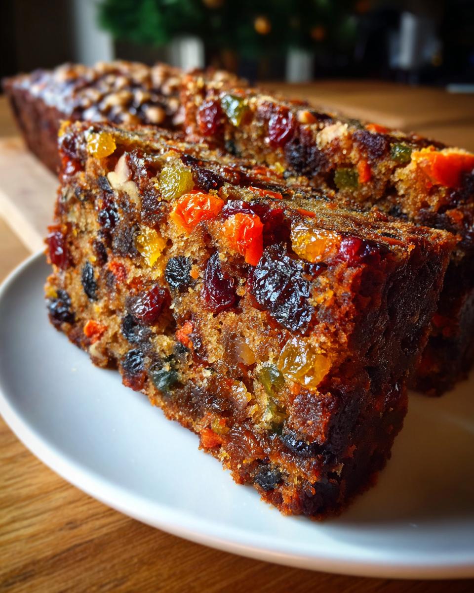 Close-up of moist slices of fruit cake recipe packed with colorful dried and candied fruits.