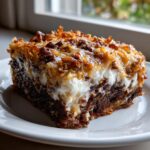 Close-up of a moist slice of german chocolate poke cake showing the dark cake base, white filling, and toasted coconut pecan topping.