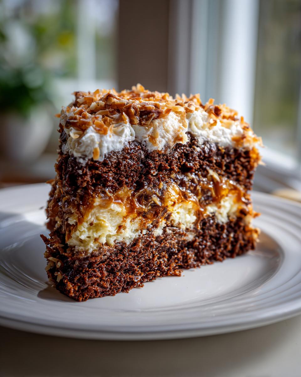 A tall slice of moist german chocolate poke cake showing layers of dark chocolate cake, coconut filling, and whipped topping with toasted pecans.