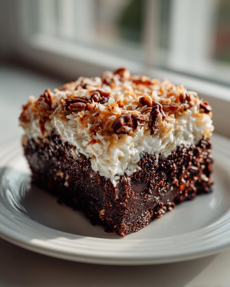 A square slice of moist german chocolate poke cake topped with white frosting, toasted coconut, and pecans, sitting on a white plate.