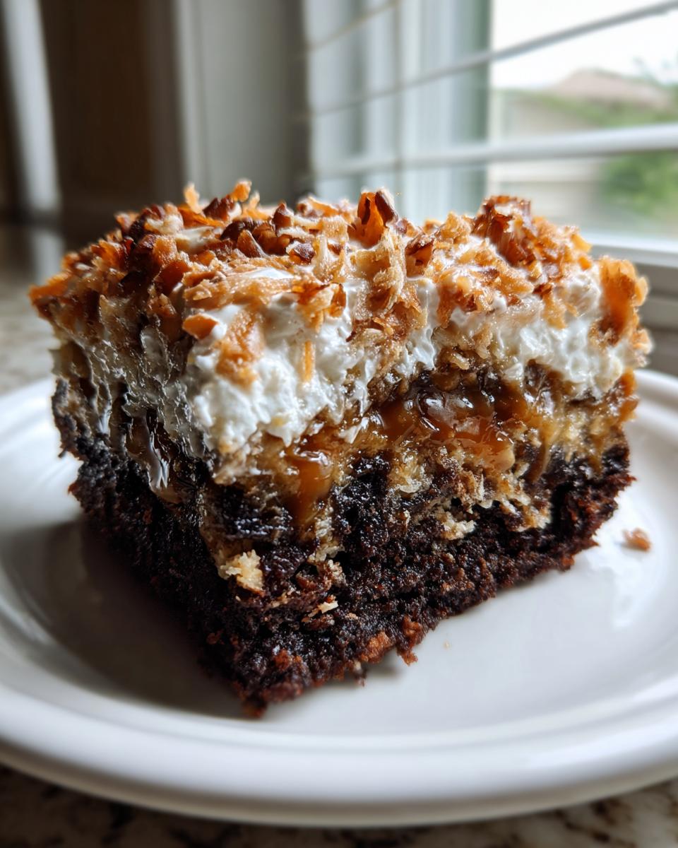 Close-up of a moist slice of german chocolate poke cake showing the dark chocolate base, gooey caramel filling, and toasted coconut topping.