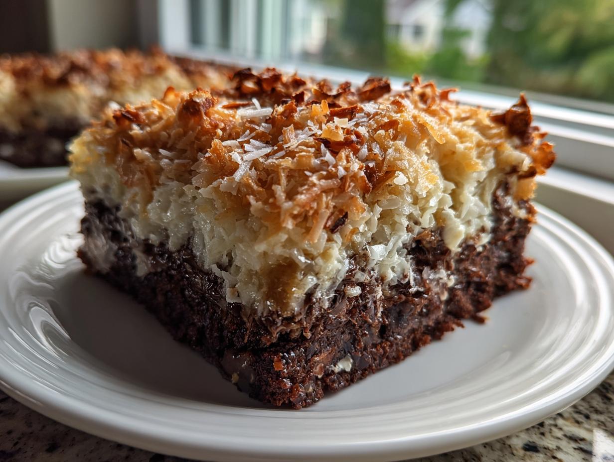 Close-up of a moist slice of german chocolate poke cake showing the dark chocolate base and thick, toasted coconut topping.