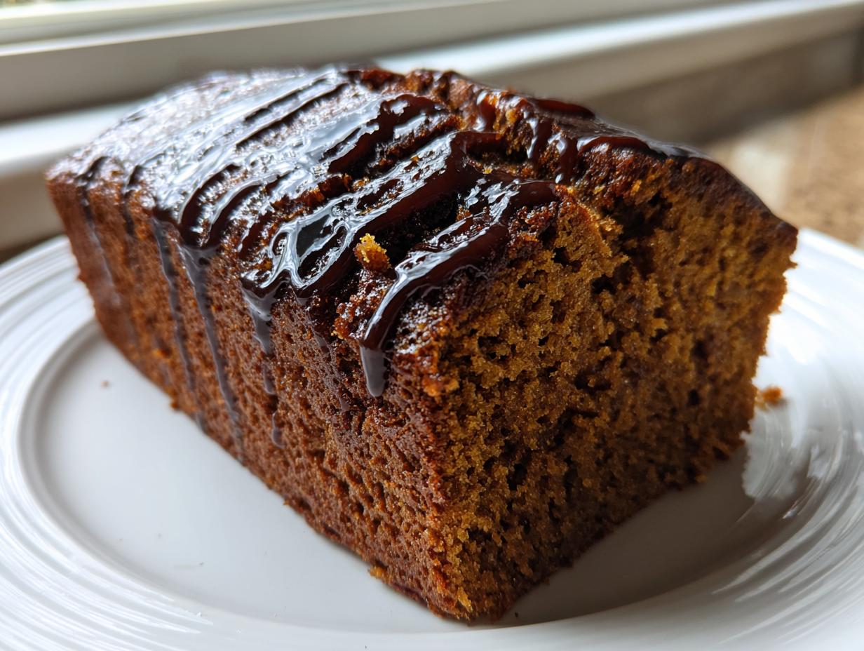 Close-up of a moist slice of gingerbread cake topped with a dark chocolate glaze drizzle.