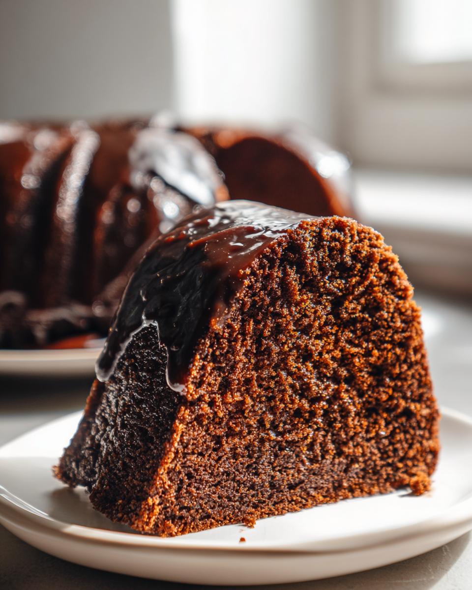 Close-up of a moist slice of dark gingerbread cake topped with dripping chocolate glaze.