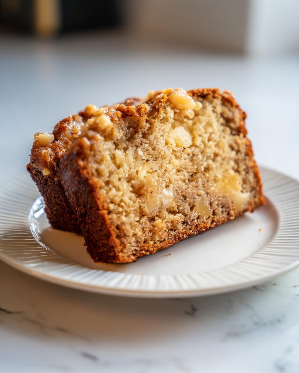 A close-up of a moist slice of Hawaiian banana bread with visible chunks of banana and nuts on a white plate.