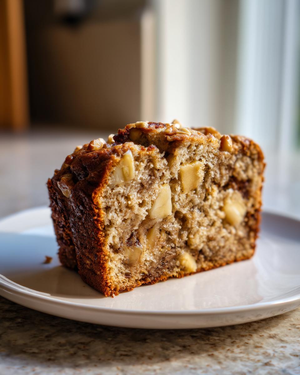 Close-up of a moist slice of Hawaiian banana bread, studded with banana chunks and topped with walnuts.