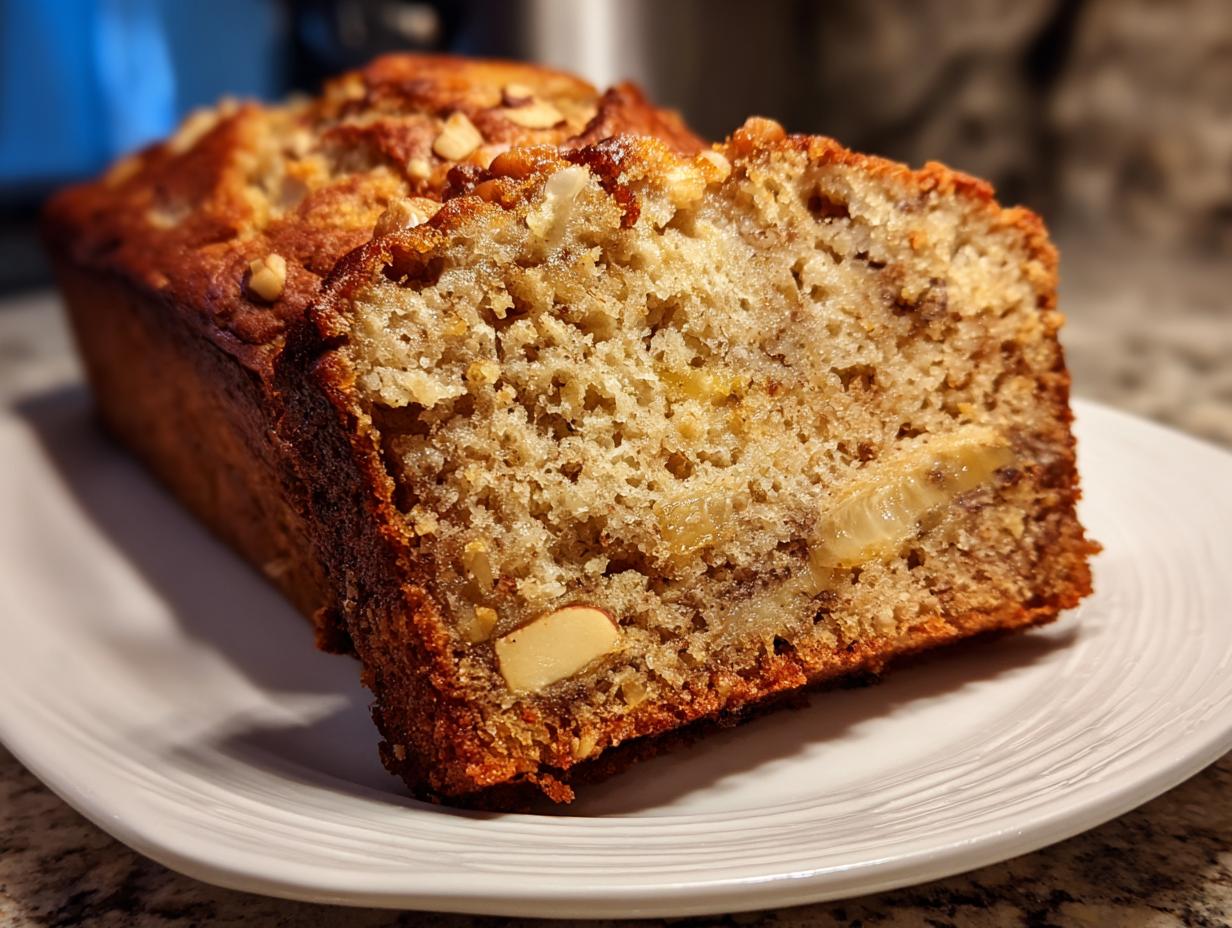 Close-up of a moist slice of Hawaiian banana bread showing soft crumb, banana pieces, and chopped nuts.
