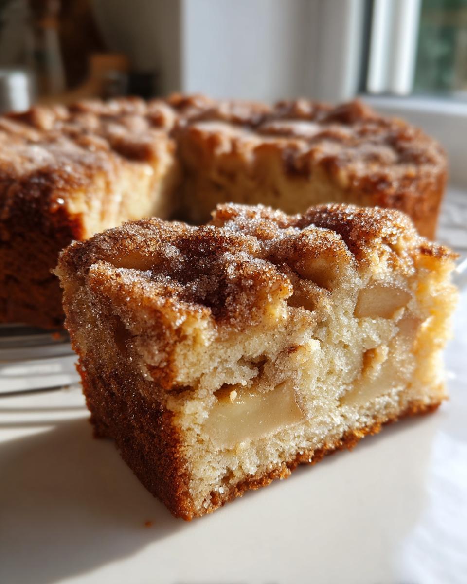 Close-up of a moist slice of jewish apple cake showing soft interior and sugary cinnamon topping.